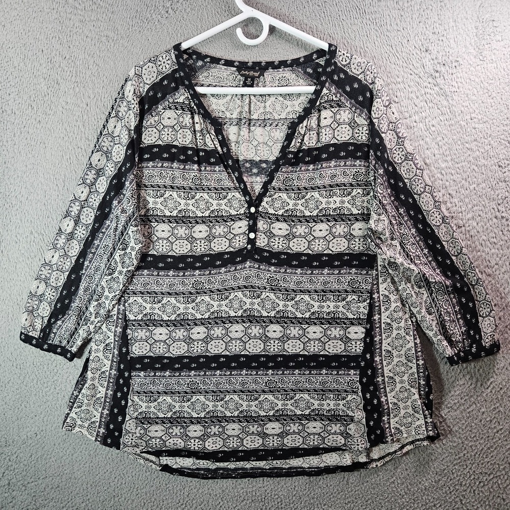 Lucky Brand Tunic‎ Top Blouse Women 1X Geometric Stretch White Black